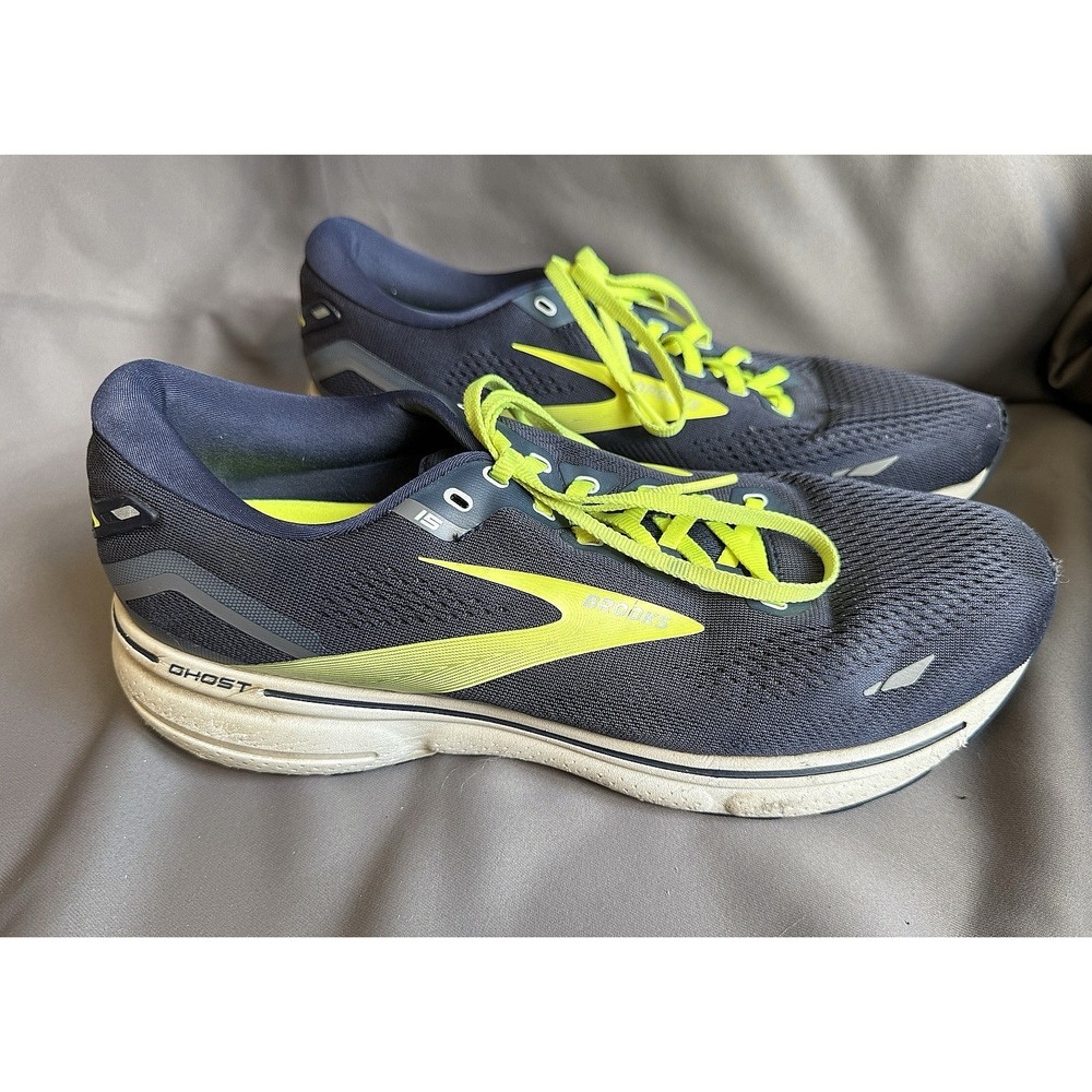 BROOKS GHOST 15 Mens 12W‎ Navy Bright Green Running Walking Athletic Sneakers